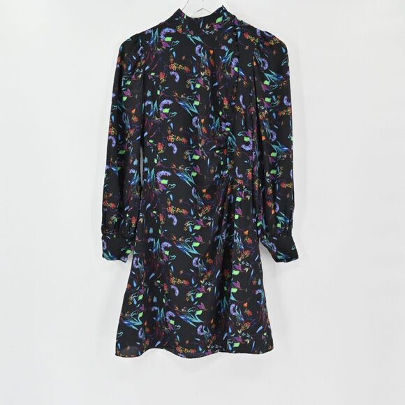 TANYA TAYLOR Dress Size 0 Clarisse Mini Black Floral Silk High Neck‎ Long Sleeve - Picture 2 of 15